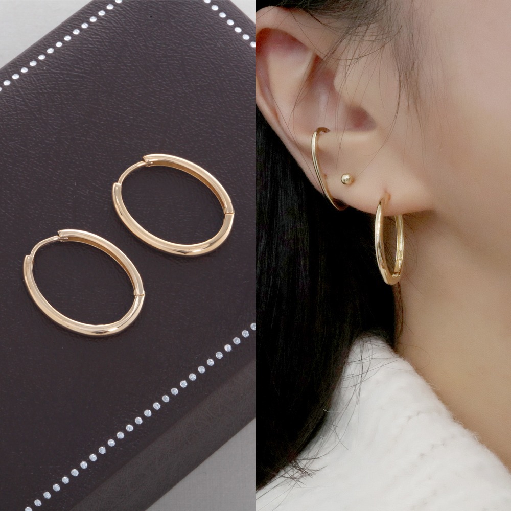 Basic Simple Oval Ring One Touch Earring 14K, 18K 베이직 심플 타원 링 원터치 귀걸이